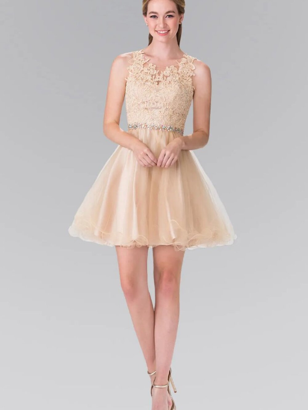 NEW CHAMPAGNE Lace & Beaded Illusion Neckline Cocktail Dress Embellished GS2375
